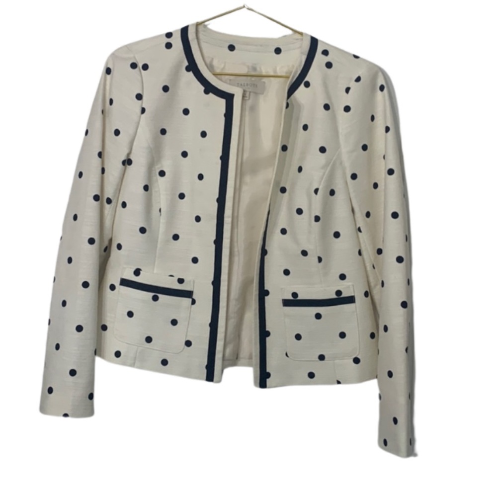 Talbots | Size 4 Cream & Navy Polka Dot Open Front Jacket Blazer